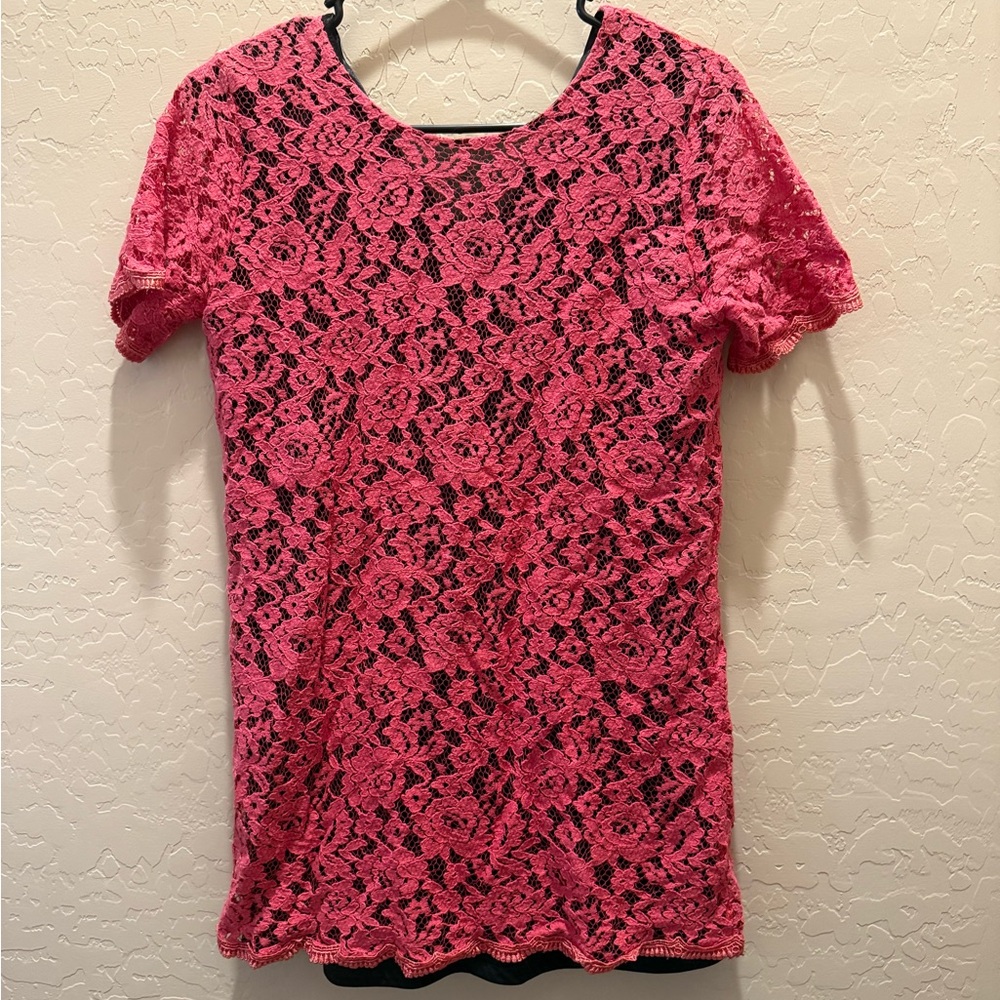 Women's Hot Pink Floral Lace Short Sleeve Tunic